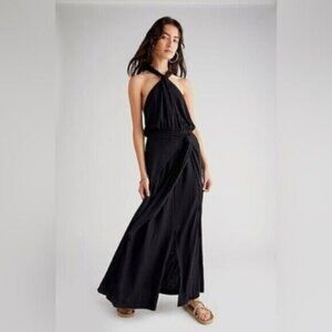 Free People Beach Maxi Golden Days Boho Feminine Faux Wrap Slit Halter Dress